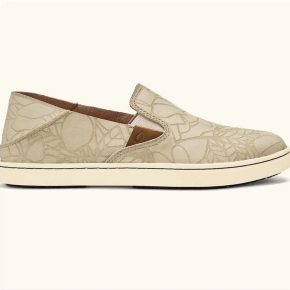OluKai Beige Pehuea Floral Design Leather Sneakers